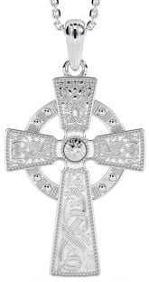 14K White Gold Solid Silver Warrior Celtic Cross Pendant Necklace