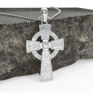 14K White Gold Solid Silver Warrior Celtic Cross Pendant Necklace