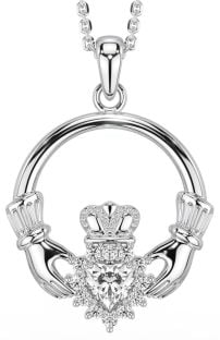 Diamond Silver Claddagh Pendant Necklace - April Birthstone