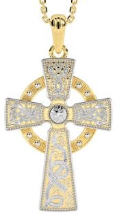 14K Yellow & White Gold coated Silver "Warrior" Irish Celtic Cross Pendant Necklace