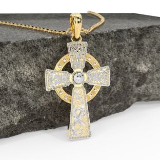 Yellow & White Gold Warrior Celtic Cross Pendant Necklace