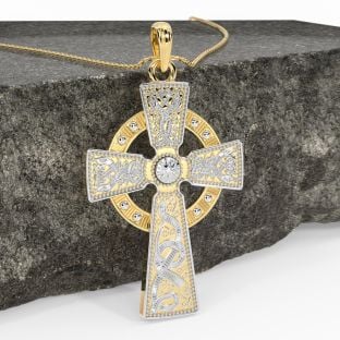 Extra Large Mens 14K Yellow & White Gold Solid Silver Silver Warrior Irish Celtic Cross Pendant Necklace