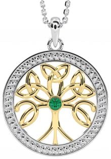 "Tree of Life" White & Yellow Gold over Silver Emerald Celtic Pendant Necklace