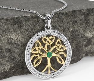 "Tree of Life" White & Yellow Gold over Silver Emerald Celtic Pendant Necklace