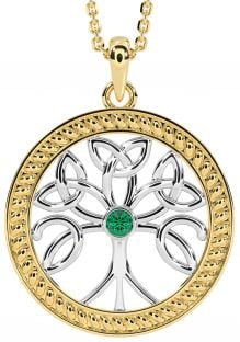 "Tree of Life" Yellow & White Gold over Silver Emerald Celtic Pendant Necklace