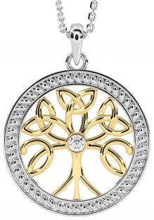 "Tree of Life" White & Yellow Gold over Silver Diamond Celtic Pendant Necklace