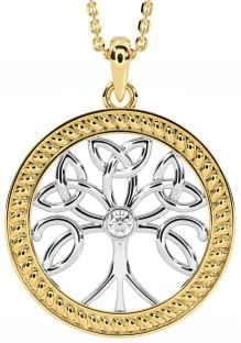 "Tree of Life" Yellow & White Gold over Silver Diamond Celtic Pendant Necklace