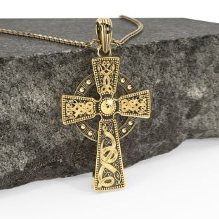 Mens Black Rhodium 14K Yellow Gold coated Silver Warrior Irish Celtic Cross Pendant Necklace