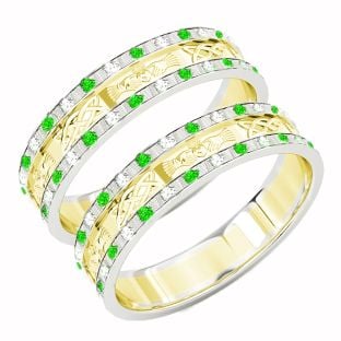 Two Tone Gold White & Yellow Genuine Emerald .25cts Diamond .5cts Claddagh Celtic Wedding Band Ring Set