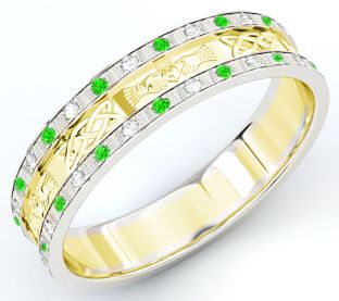 10K/14K/18K Two Tone Gold White & Yellow Genuine Emerald .25cts Diamond .5cts Claddagh Celtic Mens Wedding Band Ring