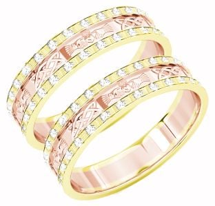 Yellow & Rose Gold Genuine Diamond .5cts Claddagh Celtic Wedding Band Ring Set