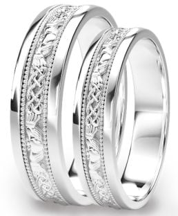 White Gold Claddagh Celtic Wedding Band Ring Set
