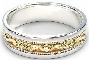 White & Yellow Gold Claddagh Celtic Mens Wedding Band Ring