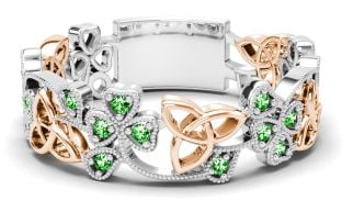 White & Rose Gold Emerald .13cts Shamrock Celtic Knot  Band Ring Unisex Mens Ladies