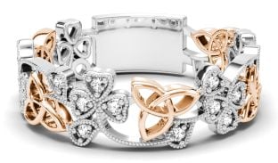 White & Rose Gold Diamond .13cts Shamrock Celtic Knot  Band Ring Unisex Mens Ladies