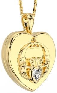 14K Gold Silver Diamond Irish Claddagh Heart Locket Pendant Necklace