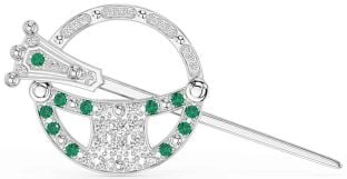 Diamond Emerald Silver Celtic Ardagh Brooch