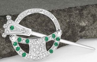 Diamond Emerald Silver Celtic Ardagh Brooch