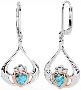 Aguamarina Rosa Oro Plata Claddagh Colgar Pendientes