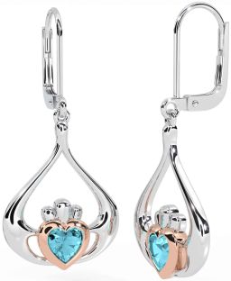 Aquamarine Rose Gold Silver Claddagh Dangle Earrings