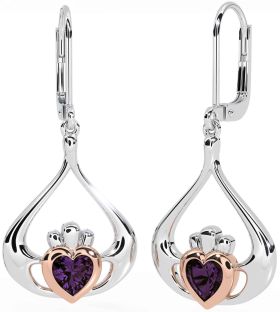 Alexandrite Rose Gold Silver Claddagh Dangle Earrings