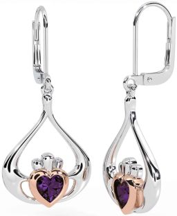 Alexandrite Rose Gold Silver Claddagh Dangle Earrings