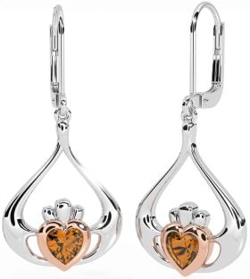 Citrine Rose Gold Silver Claddagh Dangle Earrings