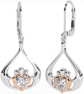 Diamond Rose Gold Silver Claddagh Dangle Earrings