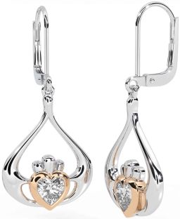 Diamond Rose Gold Silver Claddagh Dangle Earrings