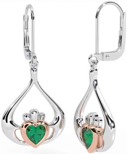 Emerald Rose Gold Silver Claddagh Dangle Earrings