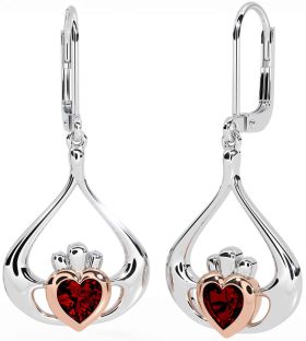 Granat Rose Gold Silber Claddagh Baumeln Ohrringe