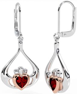 Garnet Rose Gold Silver Claddagh Dangle Earrings