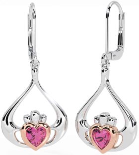 Rosa Turmalin Rose Gold Silber Claddagh Baumeln Ohrringe