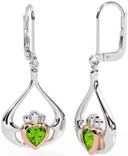 Peridot Rose Gold Silver Claddagh Dangle Earrings