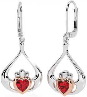 Ruby Rose Gold Silver Claddagh Dangle Earrings