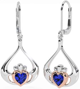 Sapphire Rose Gold Silver Claddagh Dangle Earrings