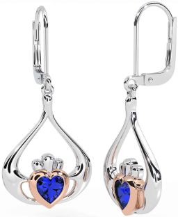 Sapphire Rose Gold Silver Claddagh Dangle Earrings
