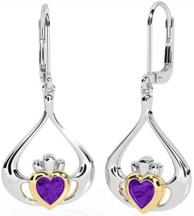 Amethyst Gold Silver Claddagh Dangle Earrings