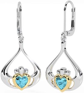 Aquamarine Gold Silver Claddagh Dangle Earrings