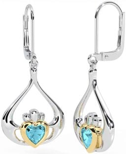 Aquamarine Gold Silver Claddagh Dangle Earrings