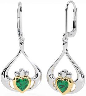 Emerald Gold Silver Claddagh Dangle Earrings