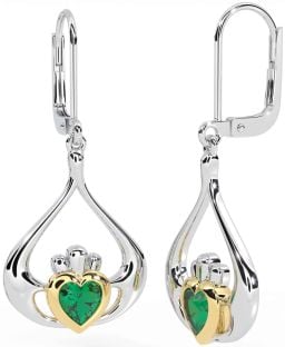 Emerald Gold Silver Claddagh Dangle Earrings