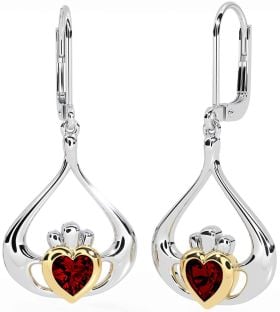 Garnet Gold Silver Claddagh Dangle Earrings