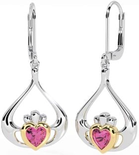 Pink Tourmaline Gold Silver Claddagh Dangle Earrings