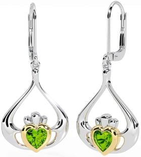 Peridot Gold Silver Claddagh Dangle Earrings