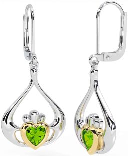 Peridot Gold Silver Claddagh Dangle Earrings