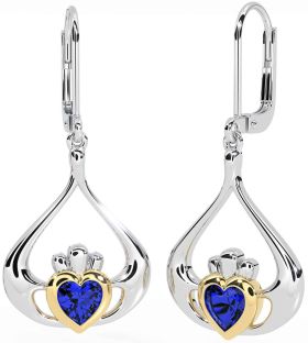 Sapphire Gold Silver Claddagh Dangle Earrings