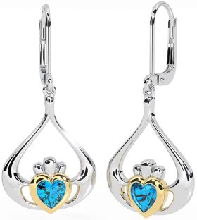 Topaz Gold Silver Claddagh Dangle Earrings