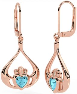 Aquamarine Rose Gold Silver Claddagh Dangle Earrings