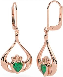 Emerald Rose Gold Silver Claddagh Dangle Earrings